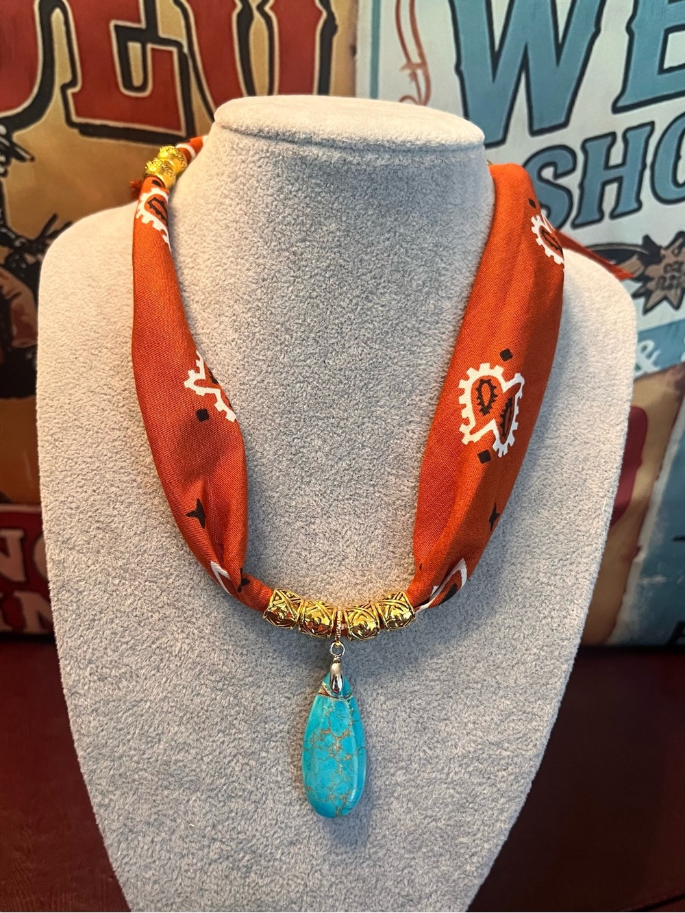 Southwestern, Country Western ‘Dandelion’ Boho Bandana Scarf Necklace, Cinnamon